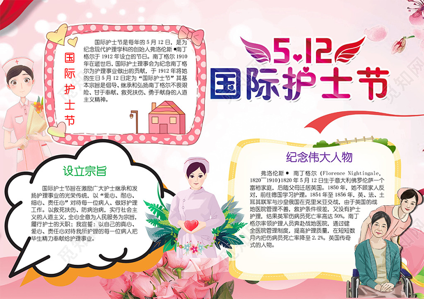 512国际护士节南丁格尔鲜花粉色人间天使小报手抄报