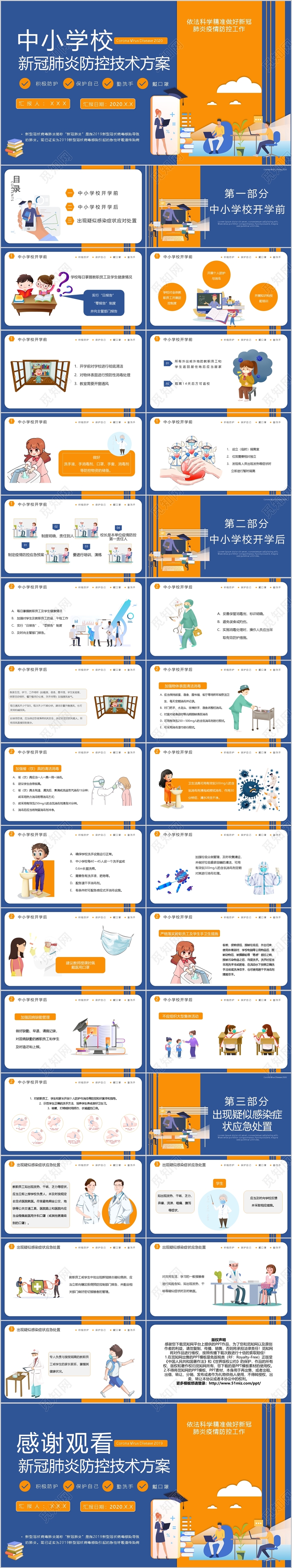 蓝橘色开学第一课中小学校新冠肺炎防控技术方案PPT模板