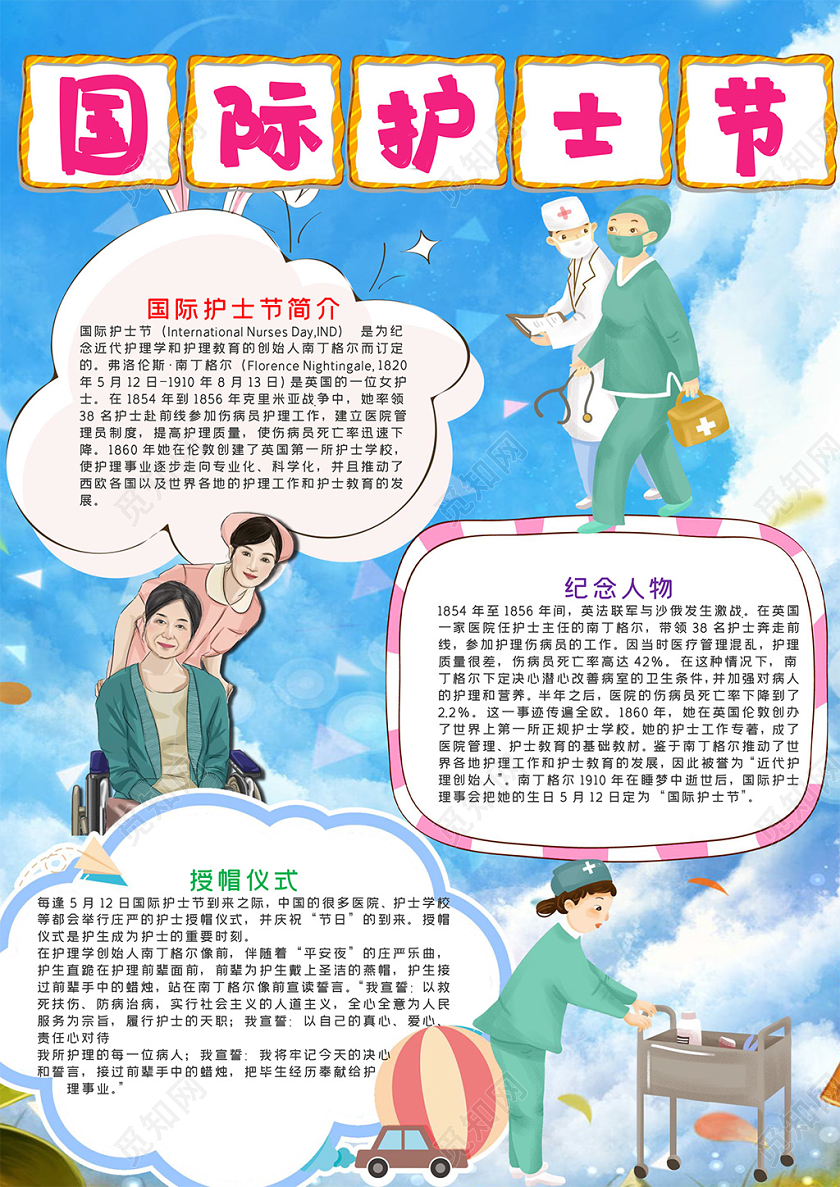 蓝色竖版国际护士节授帽仪式小报word手抄报