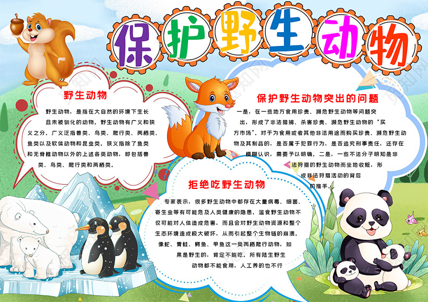 绿色背景可爱卡通森林动物插画保护野生动物小报手抄报