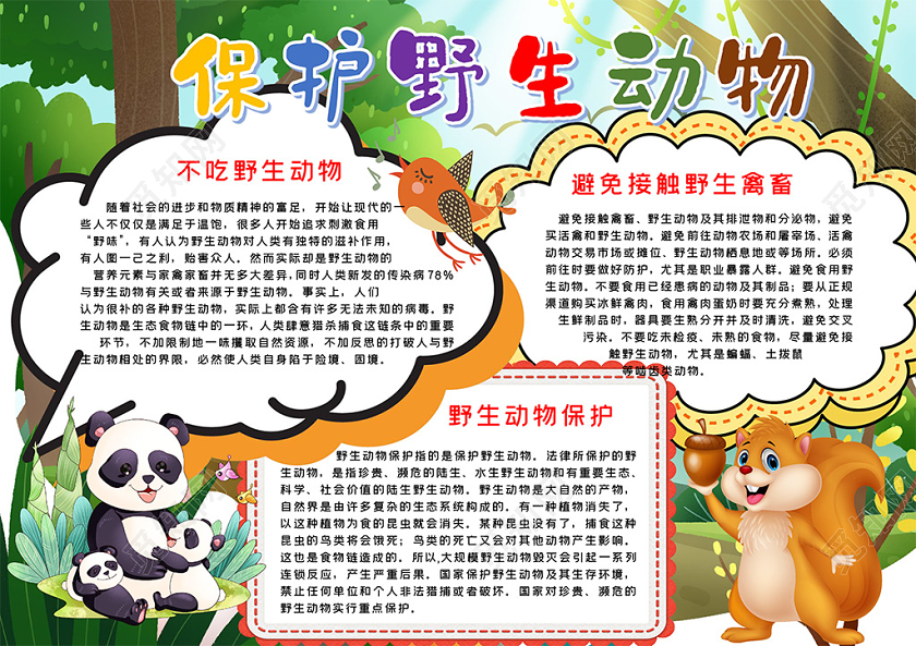 绿色背景可爱卡通森林动物插画保护野生动物小报手抄报