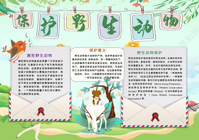 可爱卡通森林动物插画保护野生动物小报手抄报
