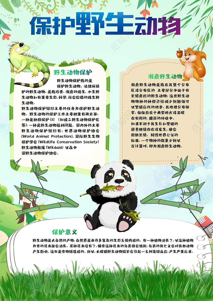 绿色背景可爱卡通森林动物插画保护野生动物小报手抄报