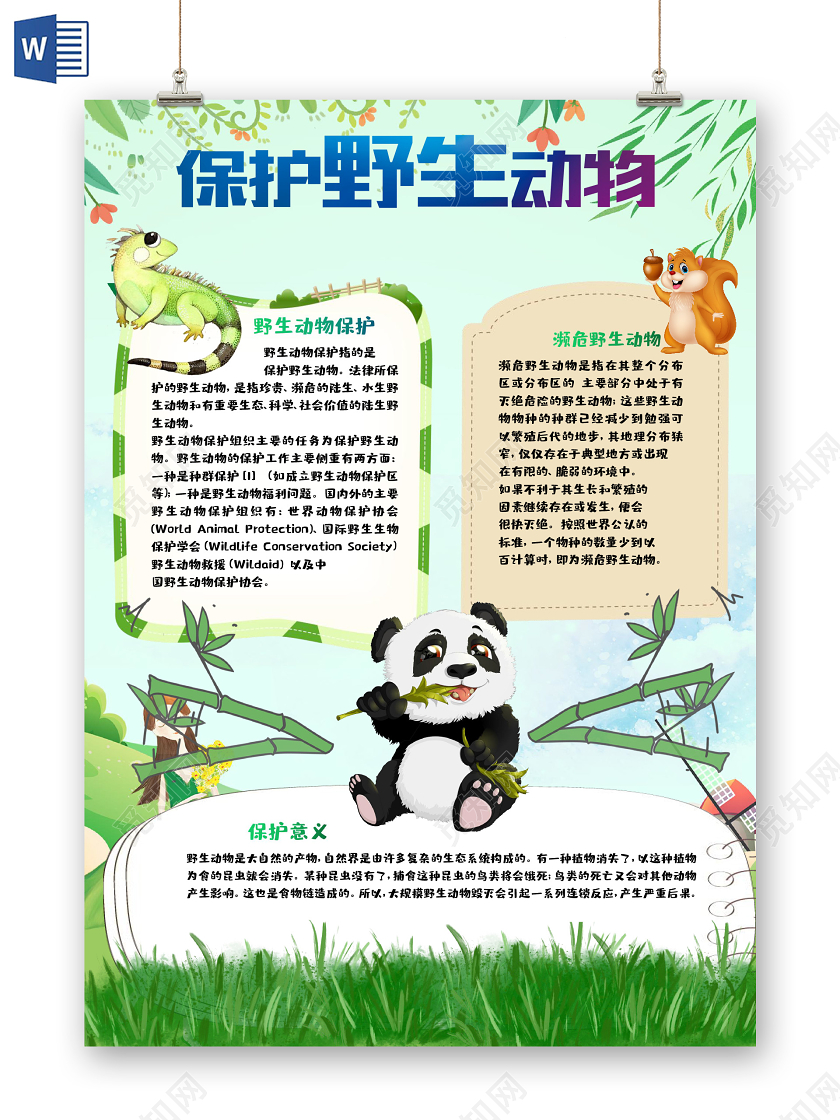 绿色背景可爱卡通森林动物插画保护野生动物小报手抄报