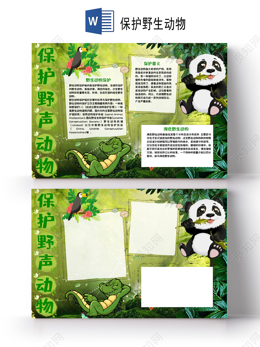 绿色背景可爱卡通森林动物插画保护野生动物小报手抄报