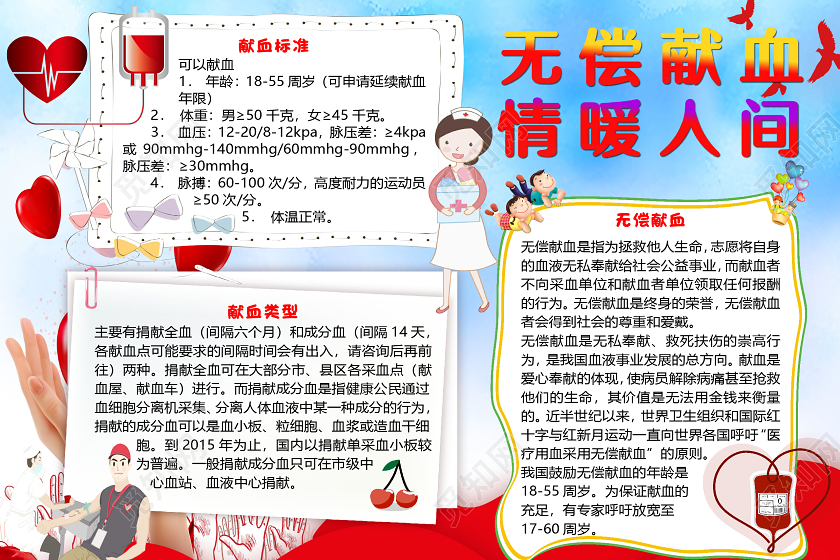 蓝色卡通清新风无偿献血情暖人间小报手抄报word模板无偿献血公益