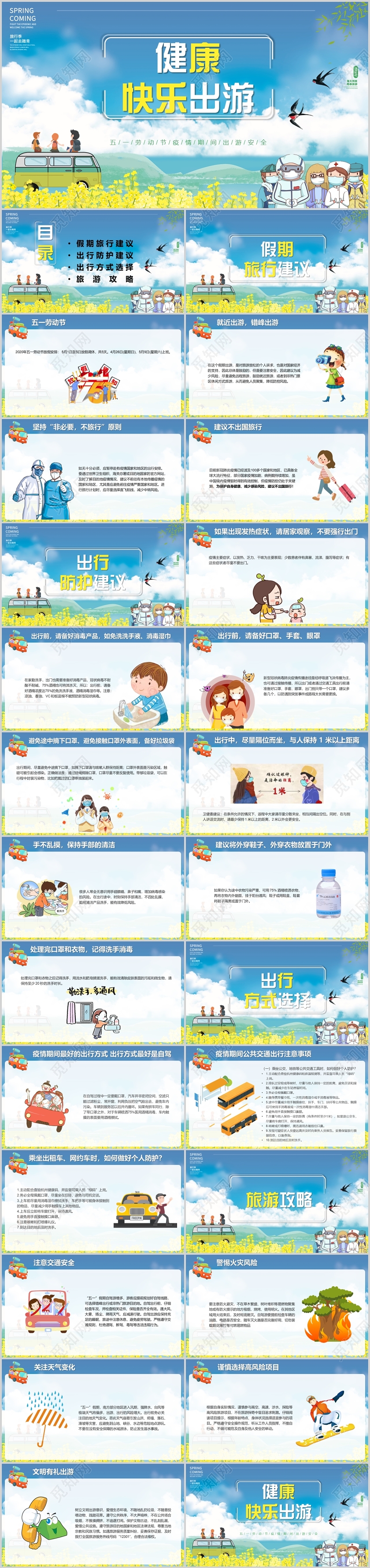 蓝色小清新卡通五一劳动节疫情期间出游安全PPT模板