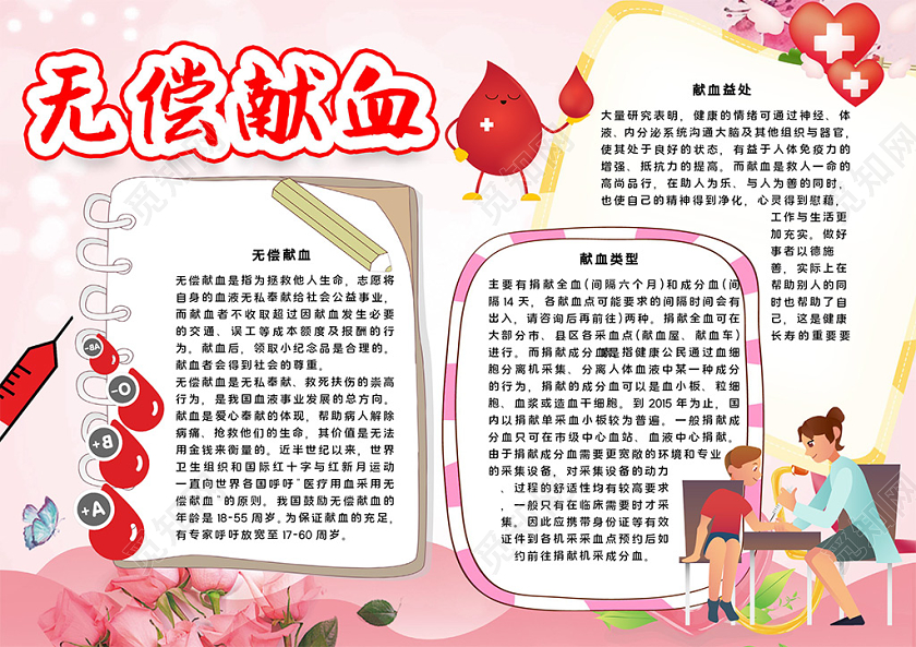 卡通风614世界献血日无偿公益献血血小板血细胞小报手抄报无偿无偿献血公益
