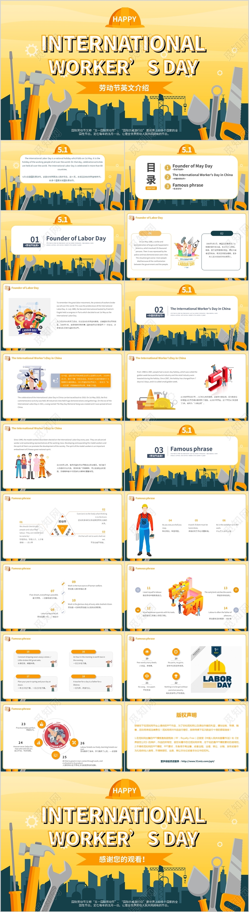 黄色扁平风五一英文国际劳动节动态PPT模板劳动节英语