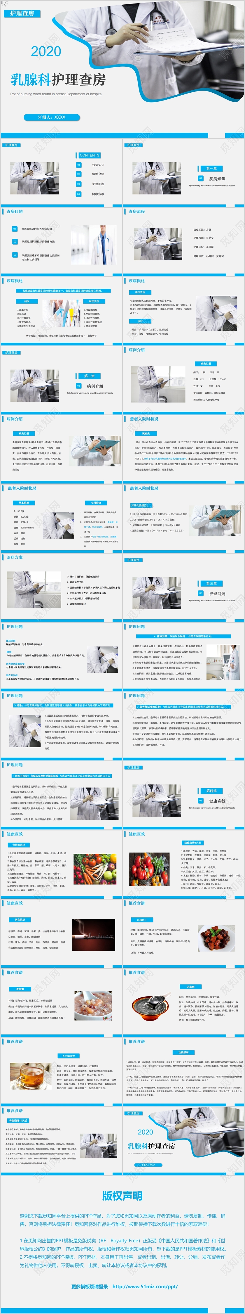 蓝色医疗乳腺科护理查房健康宣教PPT模板