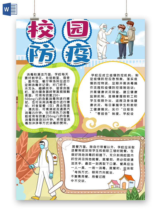 卡通竖版校园防疫措施小报手抄报模板校园疫情防控