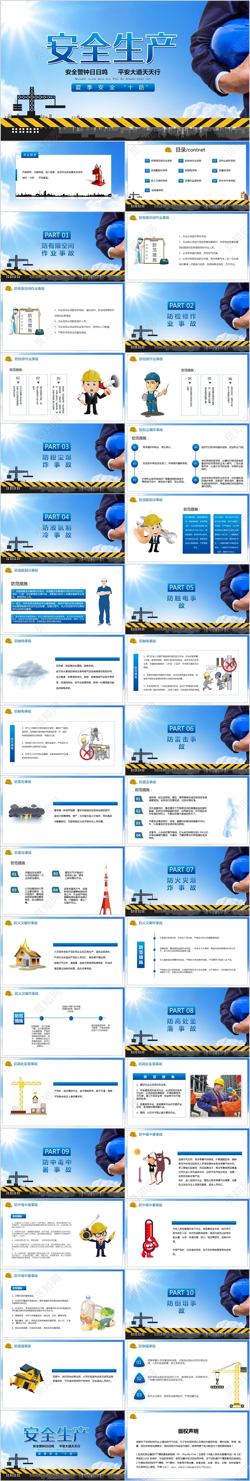 蓝色简约敲响安全警钟工厂工地夏季安全生产十防教育PPT模板