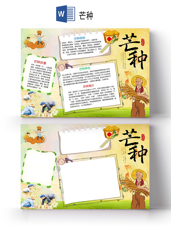清新风卡通二十四节气芒种节气丰收麦子收获手抄报