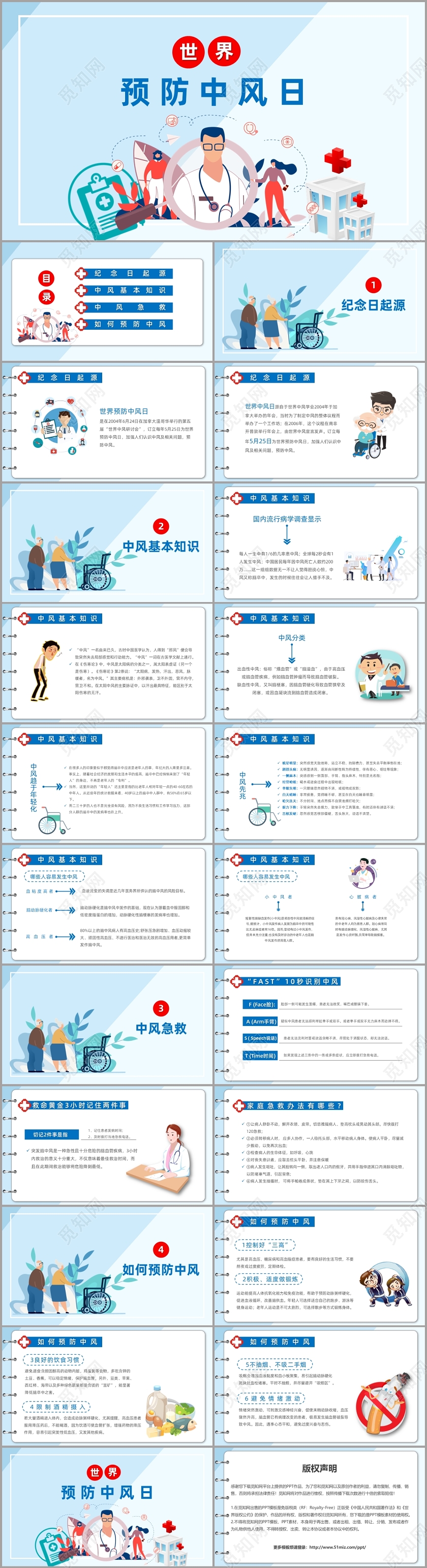 淡蓝色小清新简约风世界预防中风日PPT模板