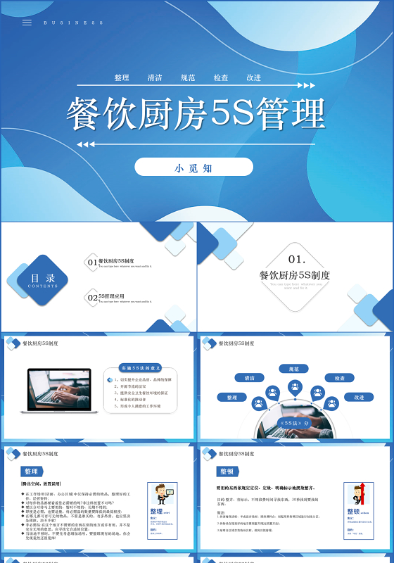 蓝色商务风餐饮厨房5S培训管理课件PPT模版