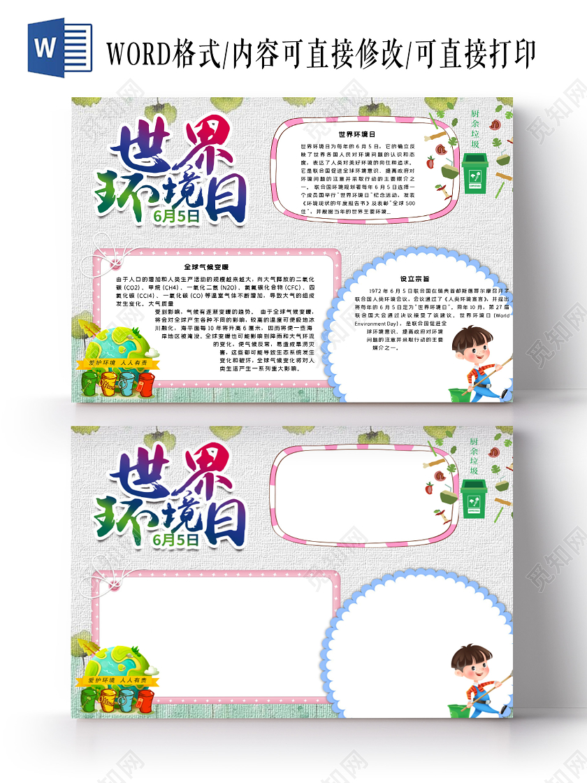 卡通世界环境日全球气候变暖人口环境温度小报