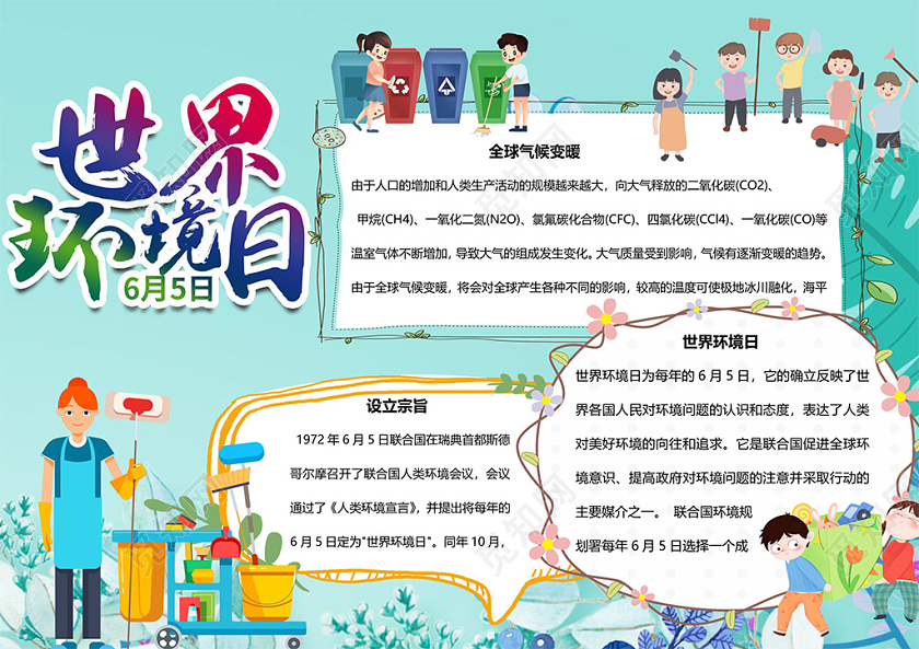 卡通世界环境日全球气候变暖人口环境温度小报
