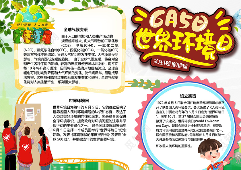卡通世界环境日全球气候变暖人口环境温度小报