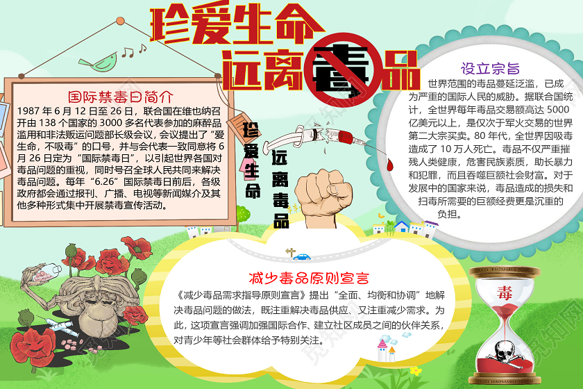 简约卡通远离毒品珍爱生命小报手抄报word模板国际禁毒日