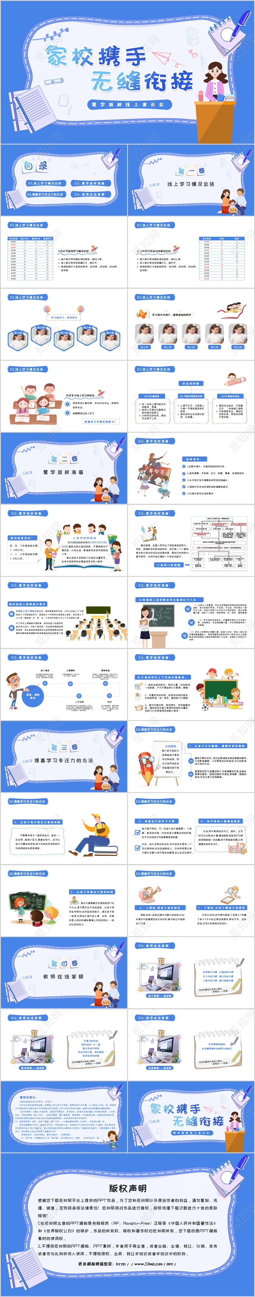 蓝色简约清新家校携手无缝衔接开学复学返校线上家长会PPT模板