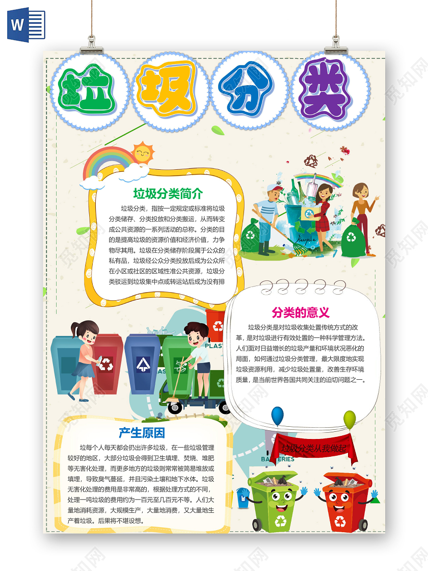 竖版卡通垃圾分类环境保护日分类意义小报word手抄报