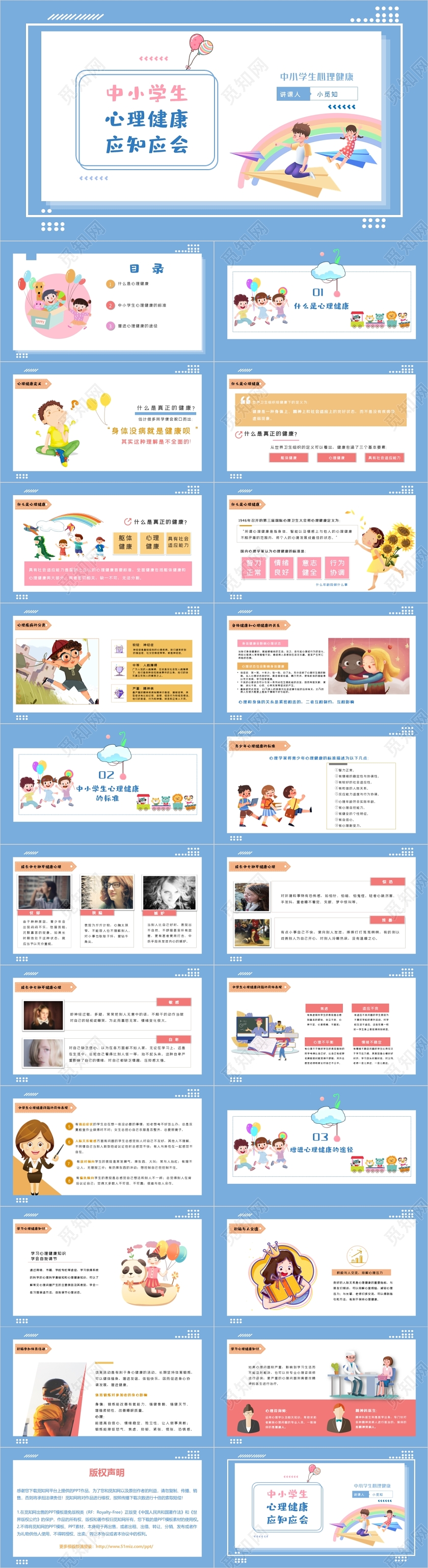 蓝色卡通多彩中小学生心理健康培训应知应会课件动态PPT模板