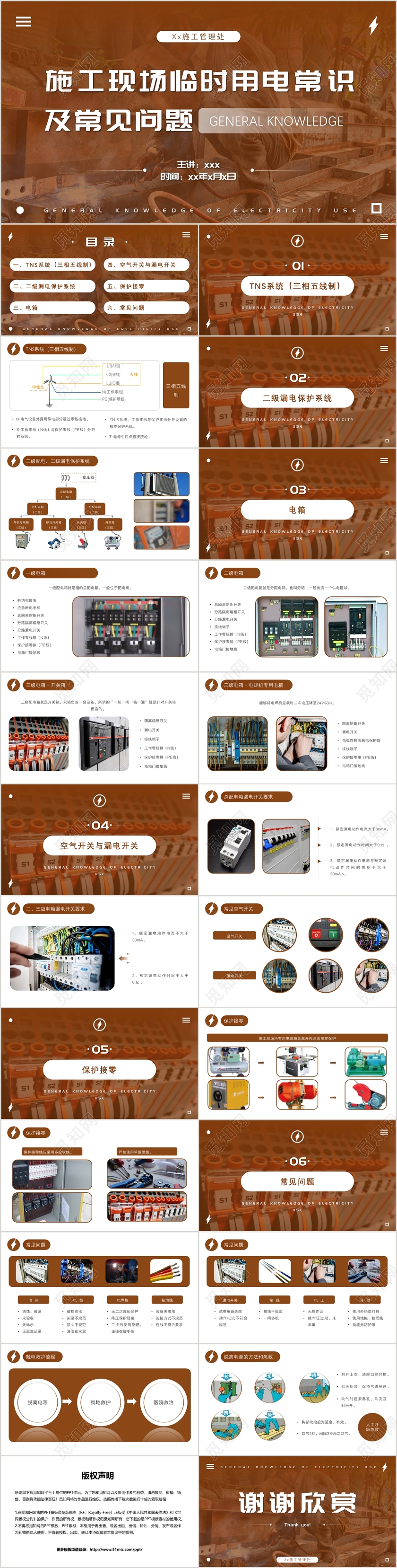 黄色简约风格施工用电安全及常见问题PPT模板