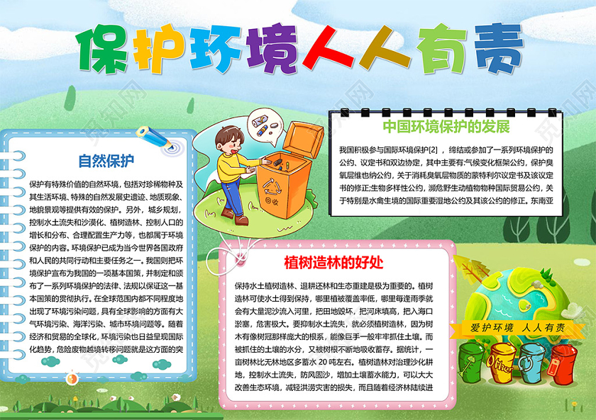 卡通保护环境人人有责自然保护植树造林环境保护法小报
