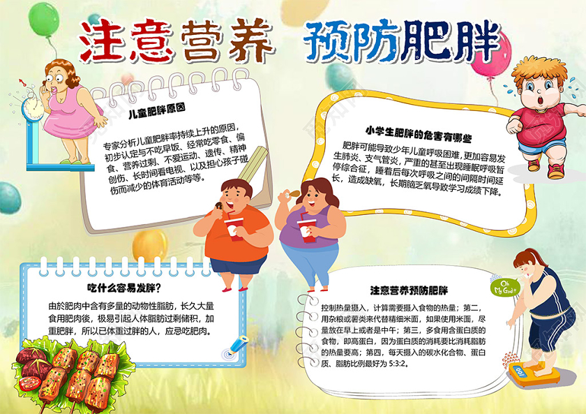 卡通注意营养拒绝肥胖科学合理饮食肥胖症状小报