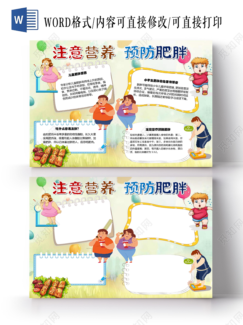 卡通注意营养拒绝肥胖科学合理饮食肥胖症状小报