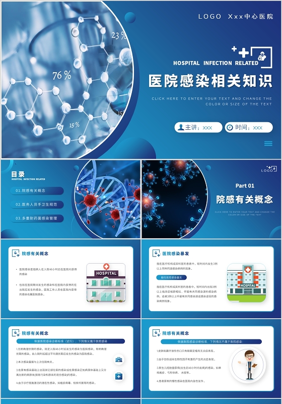 医疗蓝色简约风医院内感染培训相关知识PPT模板