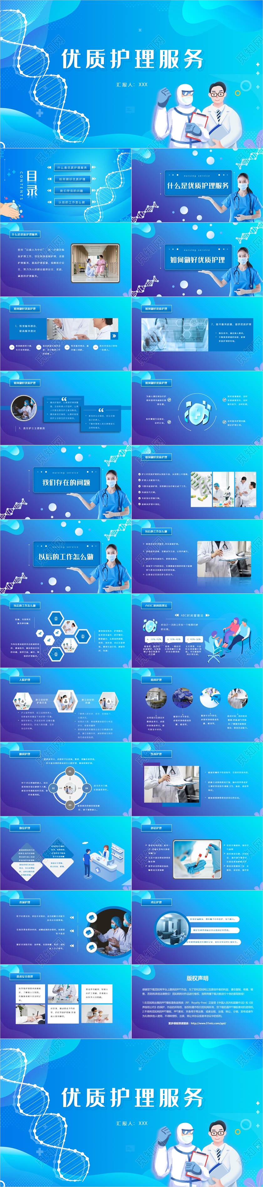 蓝色大气简约优质护理服务医疗工作汇报工作总结PPT模板