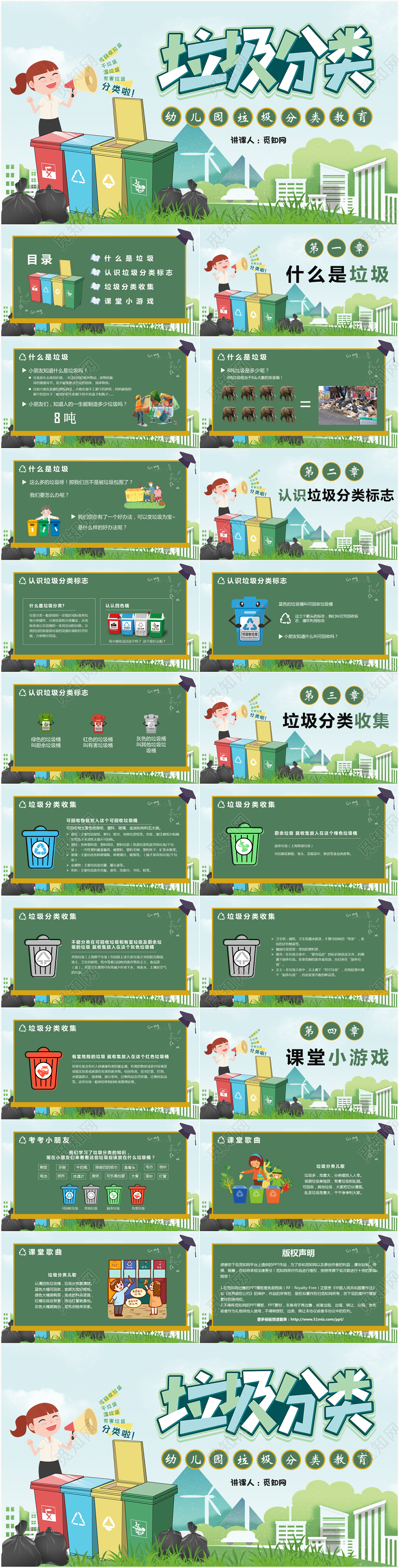 可爱卡通儿童幼儿园垃圾分类教育PPT模版