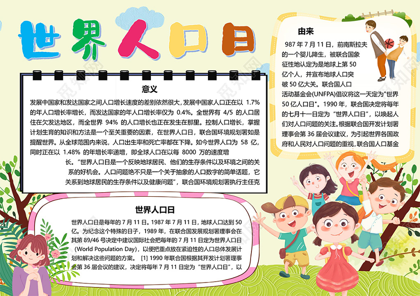 卡通世界人口日节日由来节日意义人口问题小报