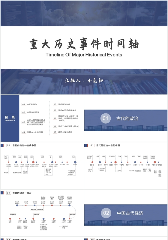 蓝色简约历史时间轴重大历史事件时间轴PPT模板