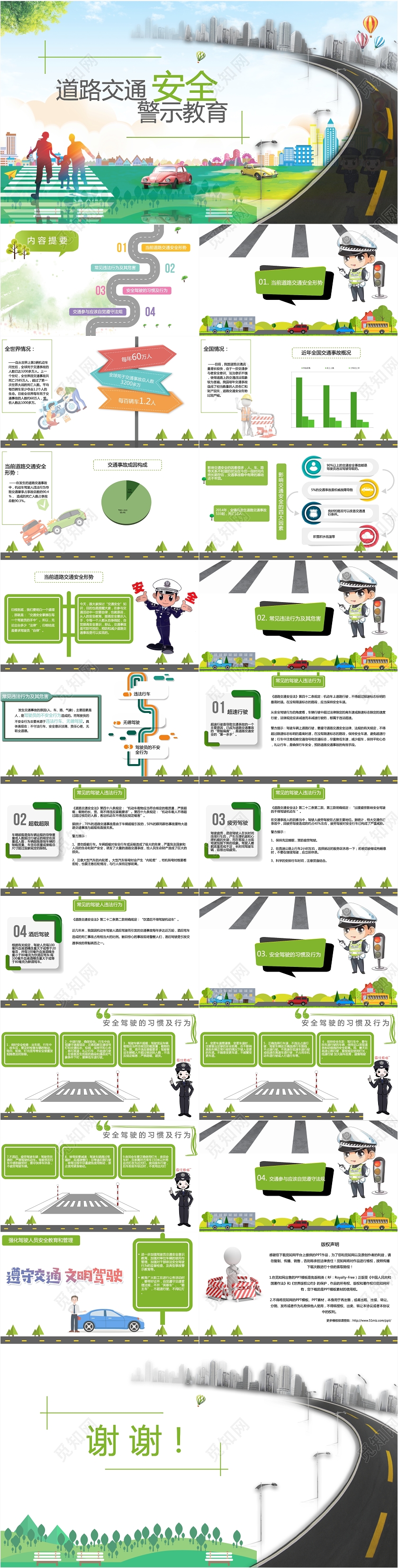 卡通道路交通安全警示教育培训小学生初中生主题班会ppt模版