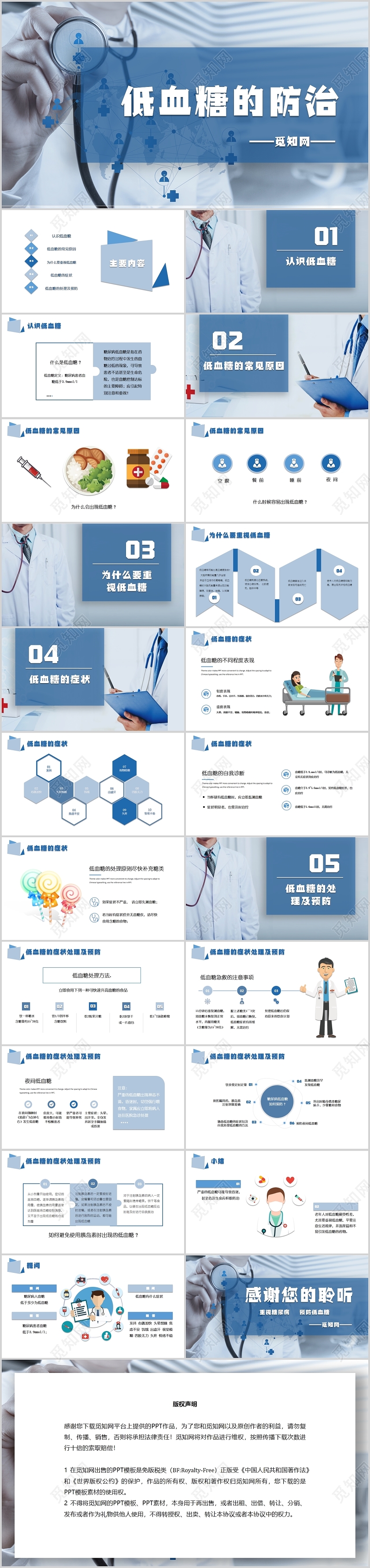 蓝色简约医疗风低血糖的防治护理查房PPT模板