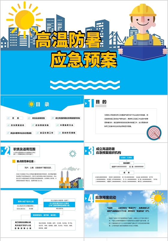 蓝色简约卡通高温防暑应急预案PPT模板