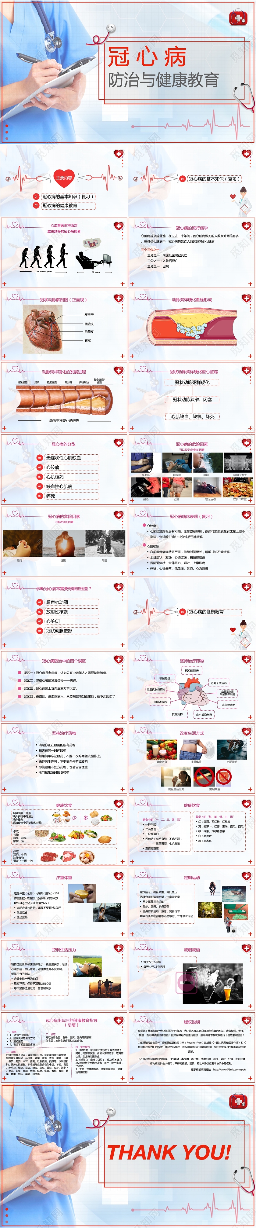 红色简约扁平冠心病防治与健康教育预防知识手册PPT模版