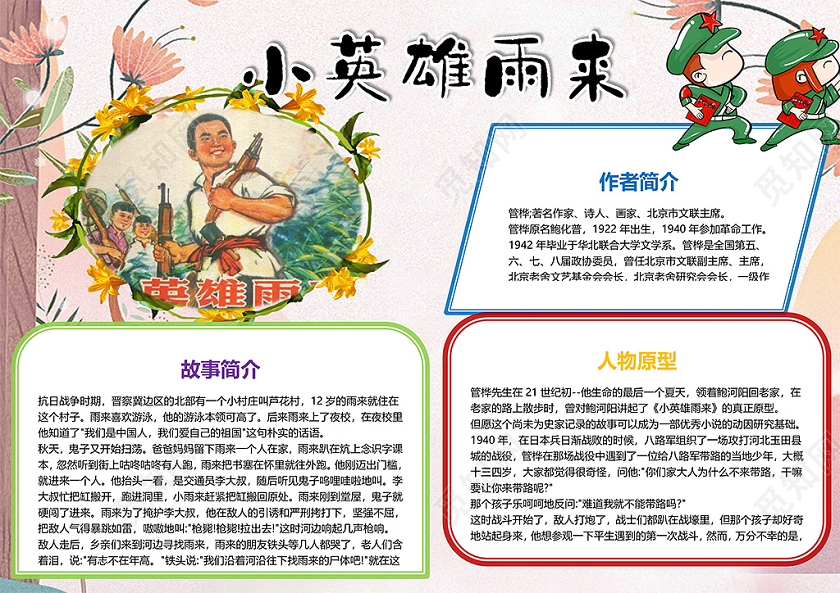 卡通红色人物小英雄雨来作者管桦小报