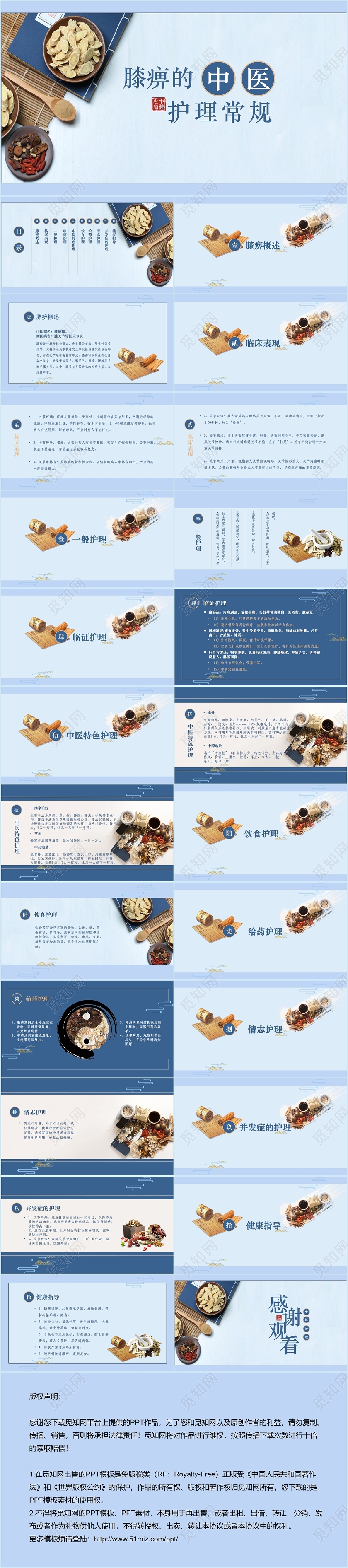 蓝色国风清新中医膝痹的中医护理常规查房护理PPT模板