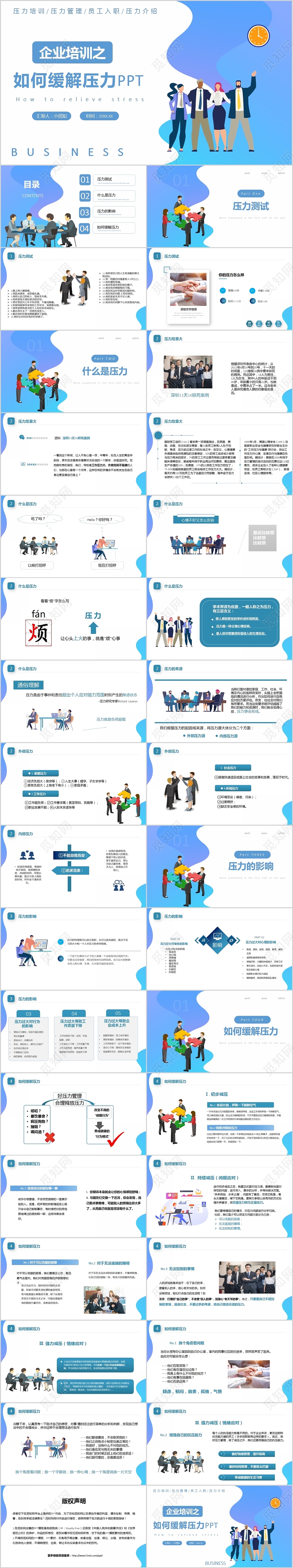 蓝色简约商务风企业员工如何缓解压力知识培训PPT模板