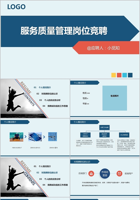 扁平蓝色服务质量管理岗位竞聘PPT模板