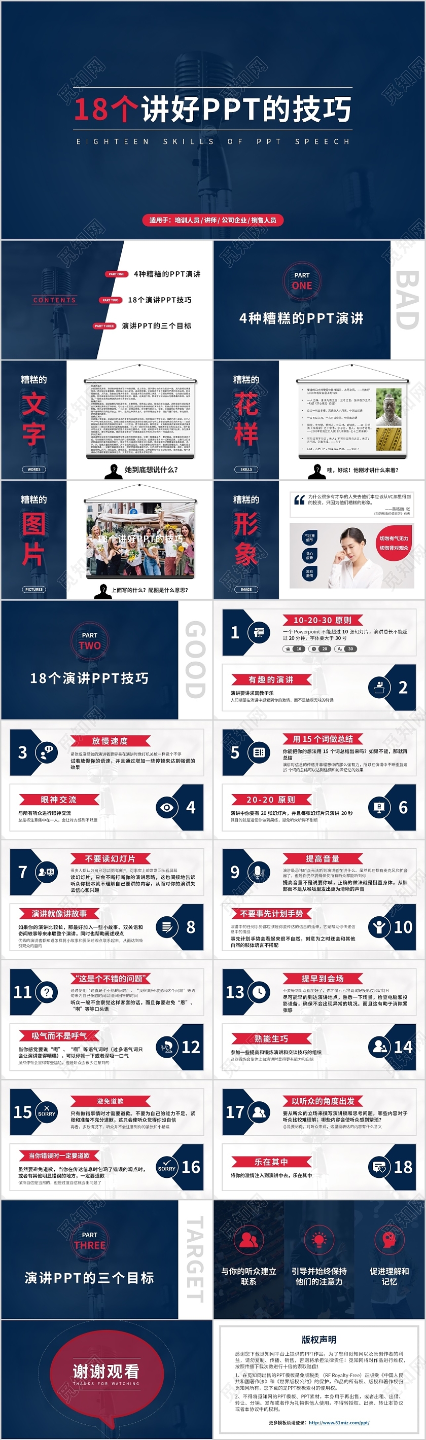 蓝色商务企业培训18个演讲好PPT的技巧主题PPT模板