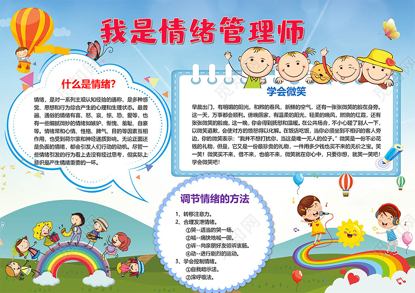 卡通插画我是情绪管理师调节情绪学会微笑喜怒哀乐小报