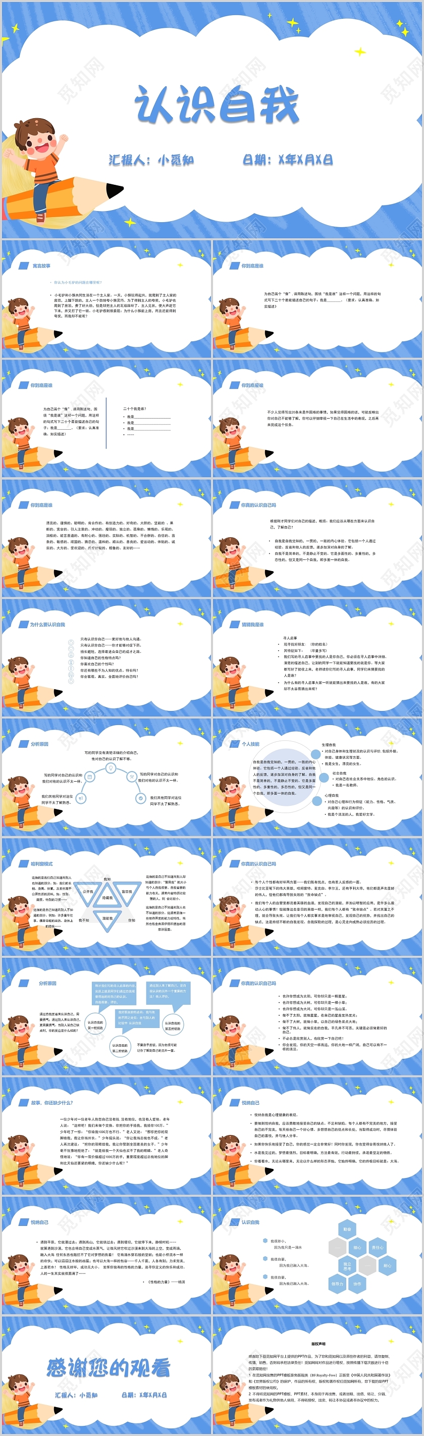 蓝色卡通认识自我小学生心理健康知识课件PPT模板