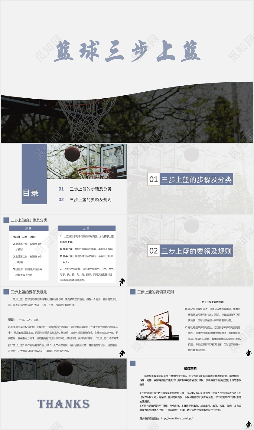 蓝色简约篮球运动篮球三步上篮培训PPT模板