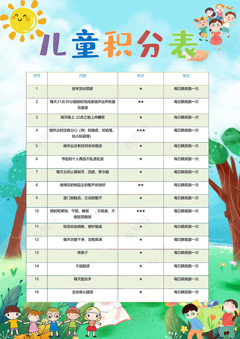 卡通可爱儿童成长自律表起床晨跑早餐阅读散步小报学生积分表