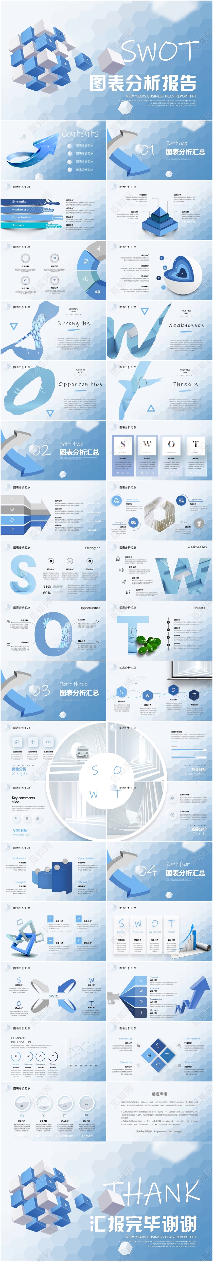 蓝色微立体简约SWOT风险管理分析图表报告合集汇总PPT