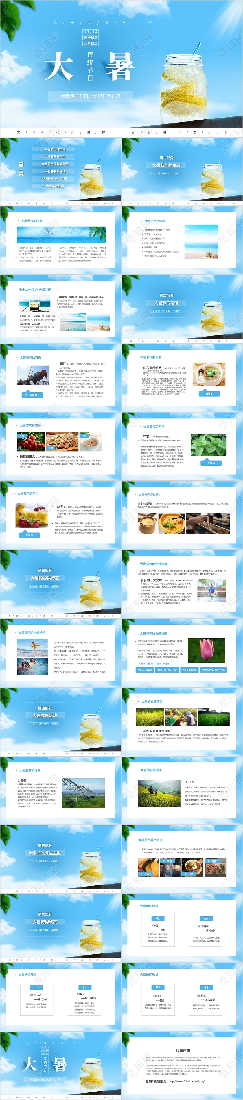 蓝色清新中国传统节日之大暑节气介绍PPT
